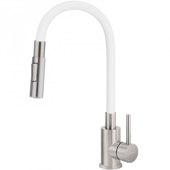 DEANTE Bateria kuchenna stojąca LUNO z giętą wylewką stal szczotkowana/bianco BOC_W740