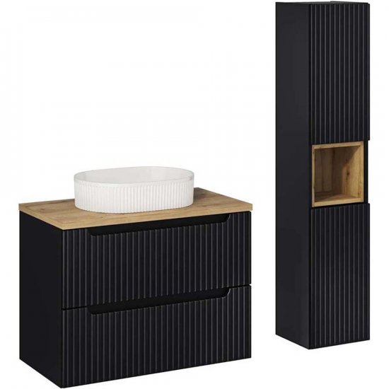 COMAD Zestaw mebli NOVA BLACK szafka z blatem OAK 80 cm, umywalka BEYOND WH, słupek 35 cm