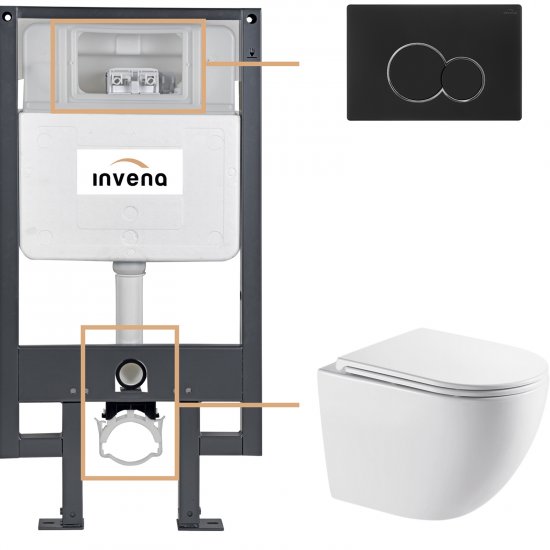 INVENA Zestaw podtynkowy 50 mechaniczny, miska ASTRI, deska, przycisk 601 czarny CK-87-014