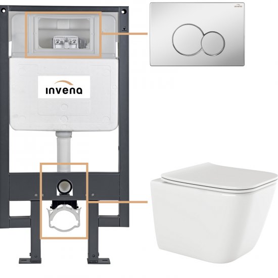 INVENA Zestaw podtynkowy 50 mechaniczny, miska PAROS, deska, przycisk 601 chrom CK-90-011
