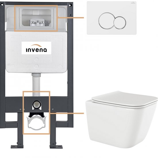 INVENA Zestaw podtynkowy 50 mechaniczny, miska PAROS, deska, przycisk 601 biały CK-90-012
