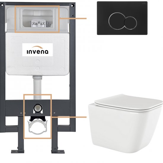 INVENA Zestaw podtynkowy 50 mechaniczny, miska PAROS, deska, przycisk 601 czarny CK-90-014