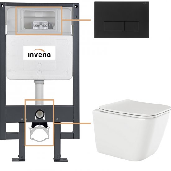 INVENA Zestaw podtynkowy 50 mechaniczny, miska PAROS, deska, przycisk 603 czarny CK-90-034