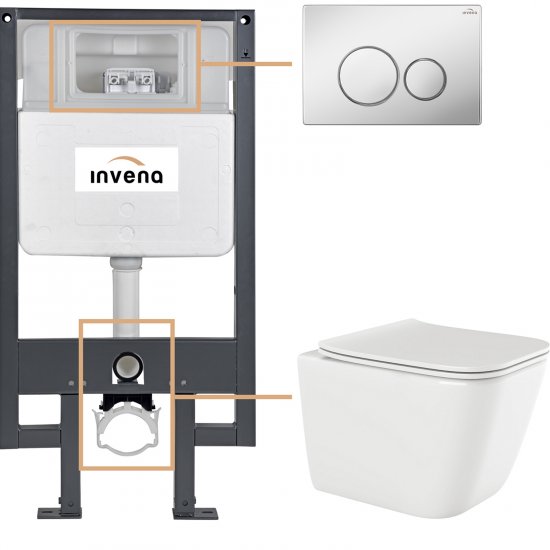 INVENA Zestaw podtynkowy 50 mechaniczny, miska PAROS, deska, przycisk 604 chrom CK-90-041