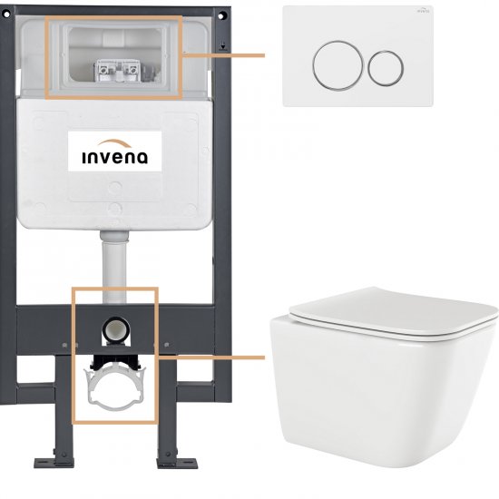 INVENA Zestaw podtynkowy 50 mechaniczny, miska PAROS, deska, przycisk 604 biały CK-90-042