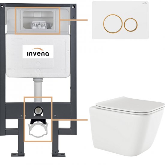 INVENA Zestaw podtynkowy 50 mechaniczny, miska PAROS, deska, przycisk 604 biało-złoty CK-90-043