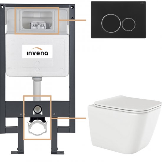 INVENA Zestaw podtynkowy 50 mechaniczny, miska PAROS, deska, przycisk 604 czarny CK-90-044
