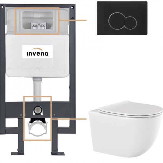 INVENA Zestaw podtynkowy 50 mechaniczny, miska TINOS, deska, przycisk 601 czarny CK-91-014