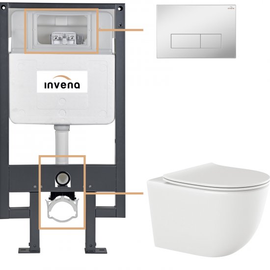 INVENA Zestaw podtynkowy 50 mechaniczny, miska TINOS, deska, przycisk 603 chrom CK-91-031