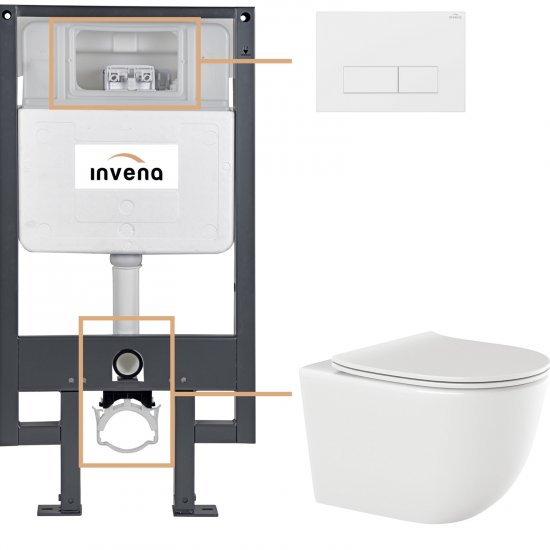 INVENA Zestaw podtynkowy 50 mechaniczny, miska TINOS, deska, przycisk 603 biały CK-91-032