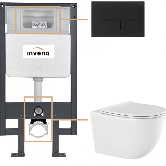 INVENA Zestaw podtynkowy 50 mechaniczny, miska TINOS, deska, przycisk 603 czarny CK-91-034