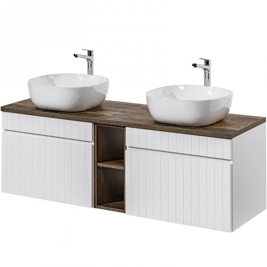 COMAD Zestaw mebli ICONIC WHITE 3 szafki z blatem SANTA FE OAK 140 cm, 2 umywalki SMILE