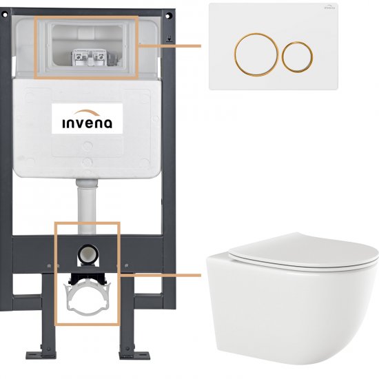 INVENA Zestaw podtynkowy 50 mechaniczny, miska TINOS, deska, przycisk 604 biało-złoty CK-91-043