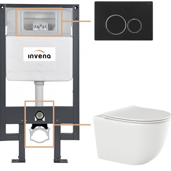 INVENA Zestaw podtynkowy 50 mechaniczny, miska TINOS, deska, przycisk 604 czarny CK-91-044