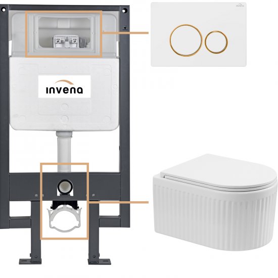 INVENA Zestaw podtynkowy 50 mechaniczny, miska GLAMOUR, deska, przycisk 604 biało-złoty CK-92-04