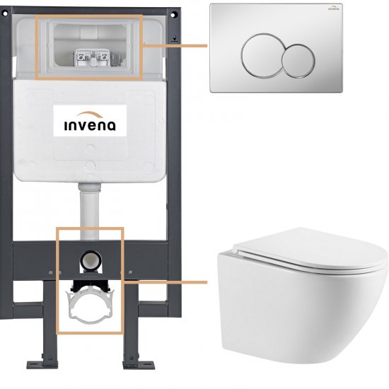 INVENA Zestaw podtynkowy 50 mechaniczny, miska LIMNOS, deska, przycisk 601 chrom CK-93-011