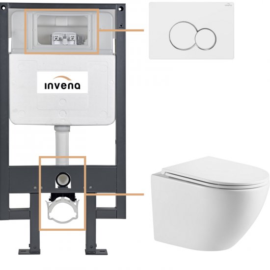 INVENA Zestaw podtynkowy 50 mechaniczny, miska LIMNOS, deska, przycisk 601 biały CK-93-012