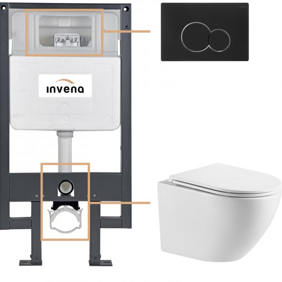 INVENA Zestaw podtynkowy 50 mechaniczny, miska LIMNOS, deska, przycisk 601 czarny CK-93-014