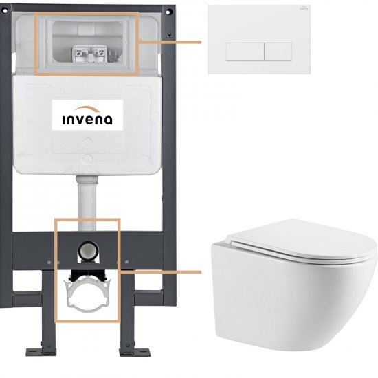 INVENA Zestaw podtynkowy 50 mechaniczny, miska LIMNOS, deska, przycisk 603 biały CK-93-032
