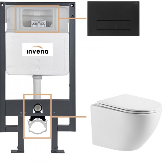 INVENA Zestaw podtynkowy 50 mechaniczny, miska LIMNOS, deska, przycisk 603 czarny CK-93-034