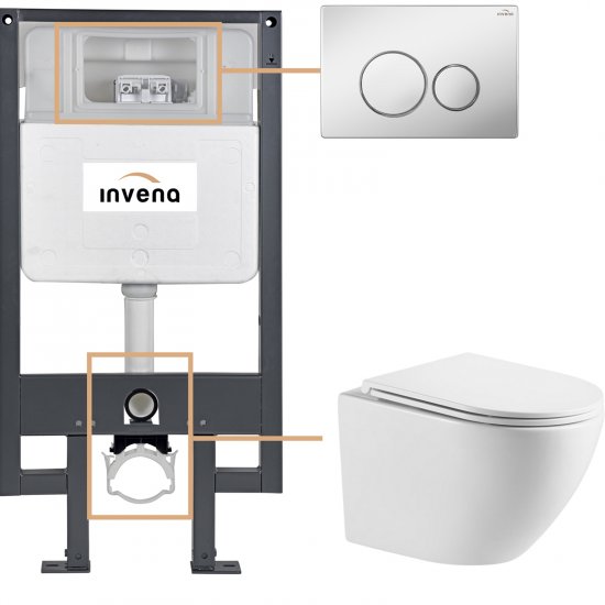 INVENA Zestaw podtynkowy 50 mechaniczny, miska LIMNOS, deska, przycisk 604 chrom CK-93-041