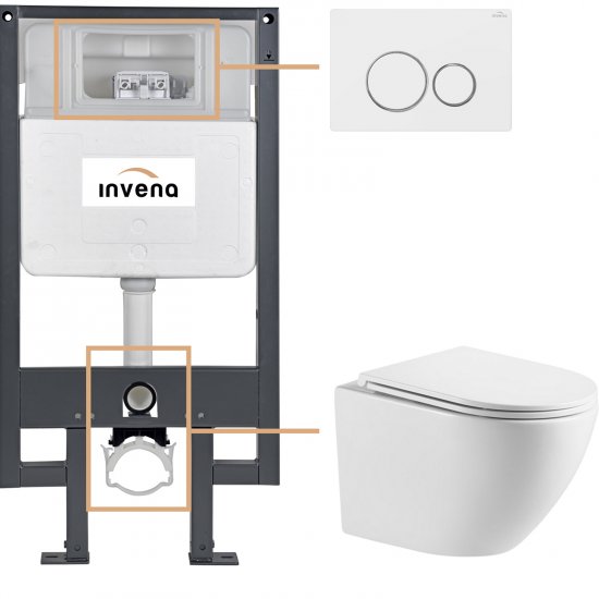 INVENA Zestaw podtynkowy 50 mechaniczny, miska LIMNOS, deska, przycisk 604 biały CK-93-042