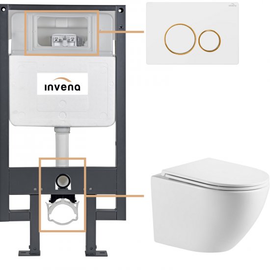 INVENA Zestaw podtynkowy 50 mechaniczny, miska LIMNOS, deska, przycisk 604 biało-złoty CK-93-043