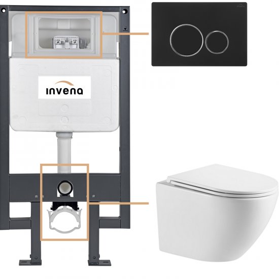 INVENA Zestaw podtynkowy 50 mechaniczny, miska LIMNOS, deska, przycisk 604 czarny CK-93-044