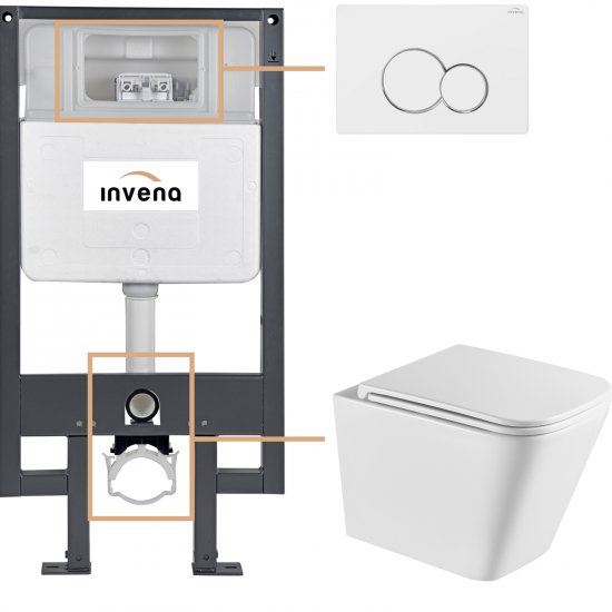 INVENA Zestaw podtynkowy 50 mechaniczny, miska FLORINA, deska, przycisk 601 biały CK-94-012