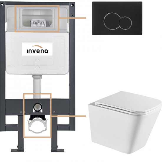 INVENA Zestaw podtynkowy 50 mechaniczny, miska FLORINA, deska, przycisk 601 czarny CK-94-014