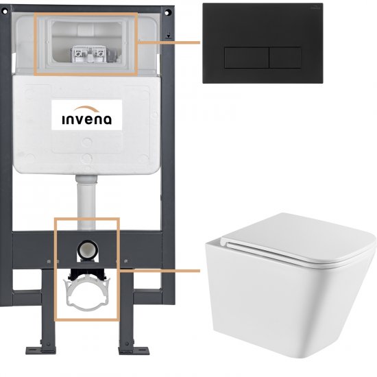 INVENA Zestaw podtynkowy 50 mechaniczny, miska FLORINA, deska, przycisk 603 czarny CK-94-034