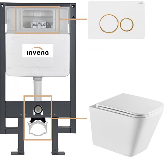 INVENA Zestaw podtynkowy 50 mechaniczny, miska FLORINA, deska, przycisk 604 biało-złoty CK-94-04