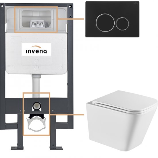 INVENA Zestaw podtynkowy 50 mechaniczny, miska FLORINA, deska, przycisk 604 czarny CK-94-044