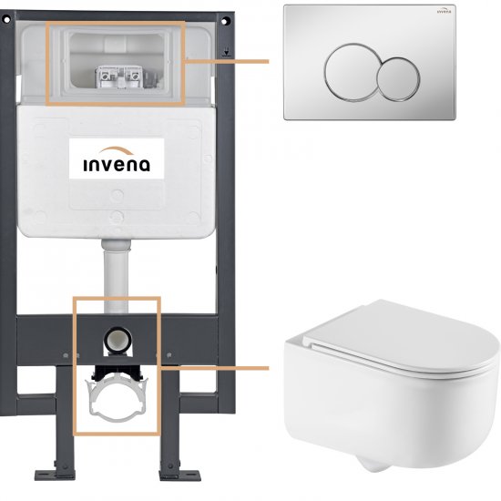 INVENA Zestaw podtynkowy 50 mechaniczny, miska KORFU, deska, przycisk 601 chrom CK-95-011