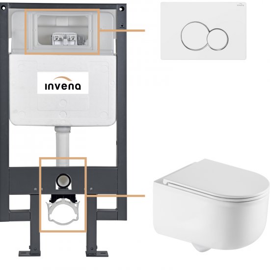 INVENA Zestaw podtynkowy 50 mechaniczny, miska KORFU, deska, przycisk 601 biały CK-95-012