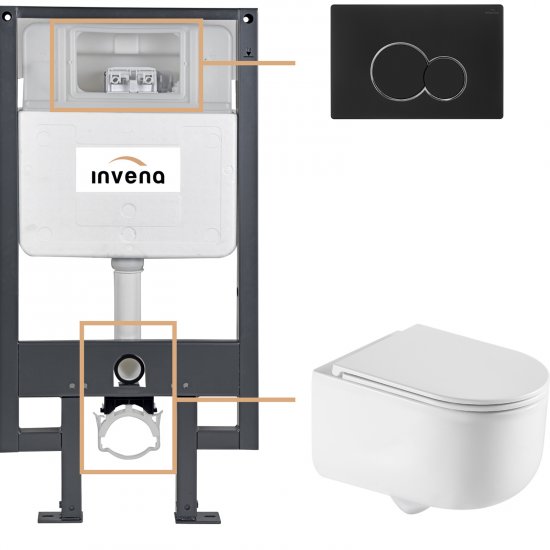 INVENA Zestaw podtynkowy 50 mechaniczny, miska KORFU, deska, przycisk 601 czarny CK-95-014