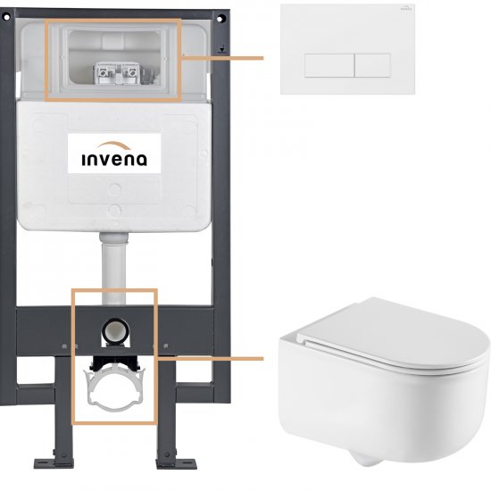 INVENA Zestaw podtynkowy 50 mechaniczny, miska KORFU, deska, przycisk 603 biały CK-95-032