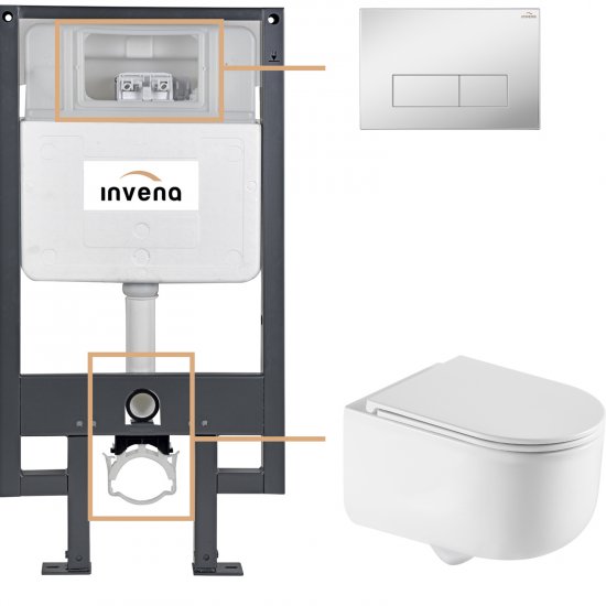 INVENA Zestaw podtynkowy 50 mechaniczny, miska KORFU, deska, przycisk 603 chrom CK-95-031