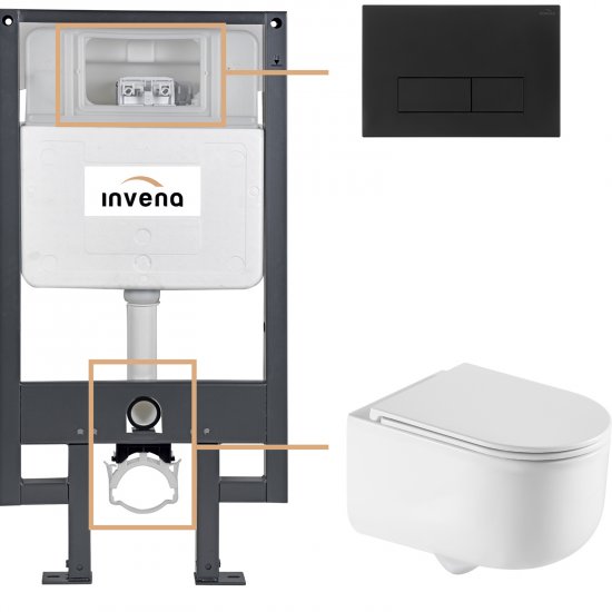 INVENA Zestaw podtynkowy 50 mechaniczny, miska KORFU, deska, przycisk 603 czarny CK-95-034