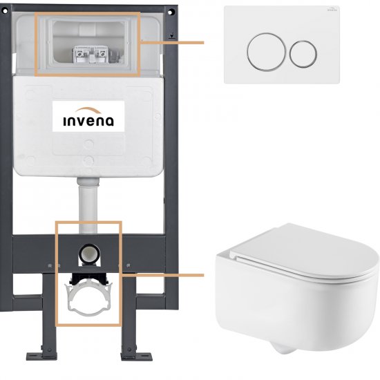 INVENA Zestaw podtynkowy 50 mechaniczny, miska KORFU, deska, przycisk 604 biały CK-95-042