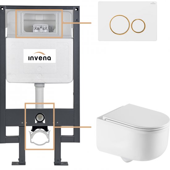 INVENA Zestaw podtynkowy 50 mechaniczny, miska KORFU, deska, przycisk 604 biało-złoty CK-95-043