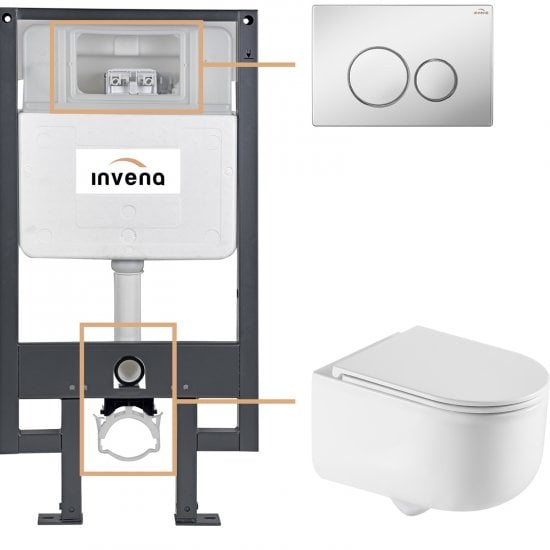 INVENA Zestaw podtynkowy 50 mechaniczny, miska KORFU, deska, przycisk 604 chrom CK-95-041
