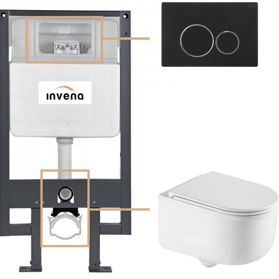 INVENA Zestaw podtynkowy 50 mechaniczny, miska KORFU, deska, przycisk 604 czarny CK-95-044