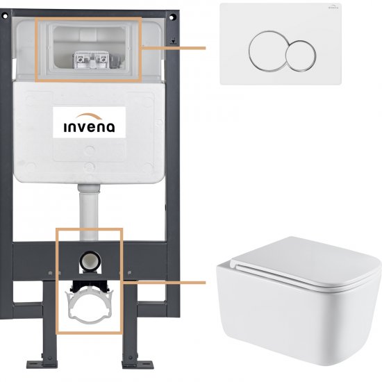 INVENA Zestaw podtynkowy 50 mechaniczny, miska MALAGA, deska, przycisk 601 biały CK-96-012