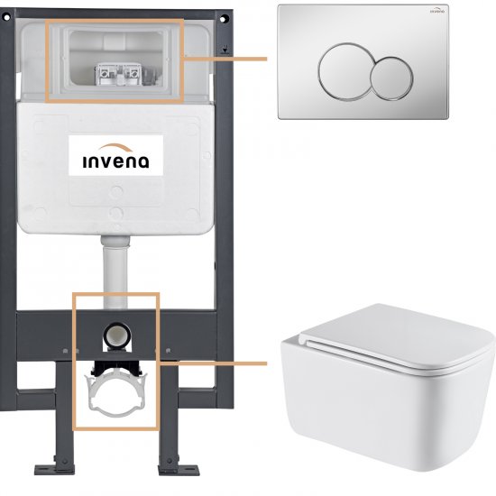 INVENA Zestaw podtynkowy 50 mechaniczny, miska MALAGA, deska, przycisk 601 chrom CK-96-011