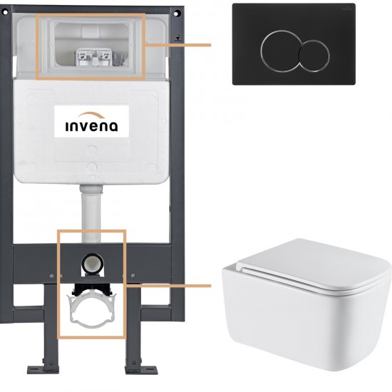 INVENA Zestaw podtynkowy 50 mechaniczny, miska MALAGA, deska, przycisk 601 czarny CK-96-014