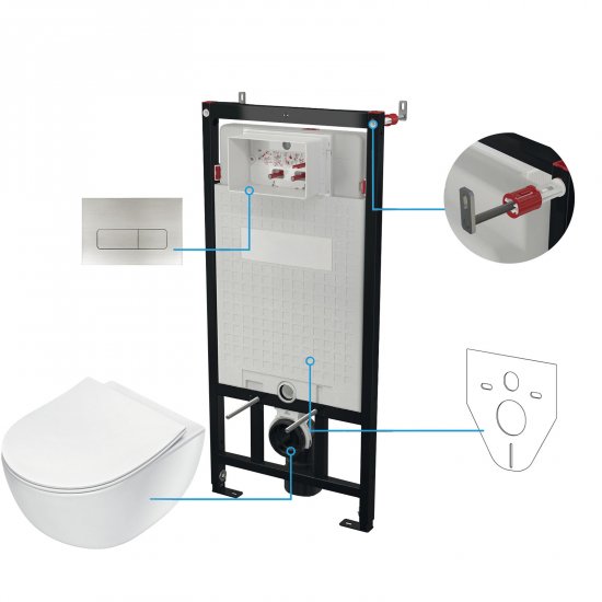 DEANTE Stelaż podtynkowy mechaniczny, miska bezkołnierzowa PEONIA biała, przycisk stal CDEF6ZPW