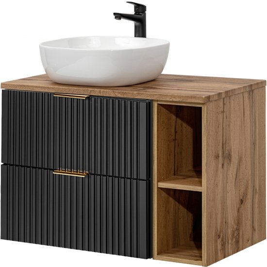 COMAD Zestaw mebli ADEL BLACK / XILO OAK 2 szafki z blatem WOTAN 80 cm, umywalka SMILE