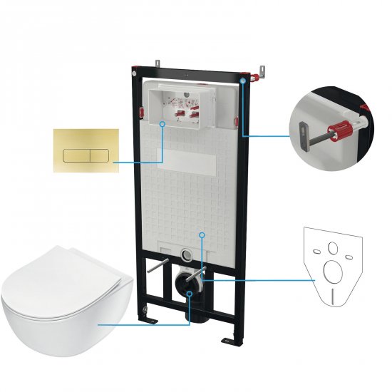 DEANTE Stelaż podtynkowy mechaniczny, miska bezkołnierzowa PEONIA biała, przycisk złoty CDER6ZPW