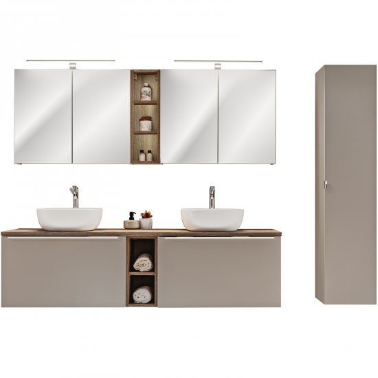 COMAD Zestaw mebli SANTA FE TAUPE szafki, blat 180 cm, 2 umywalki SMILE, słupek, 2 lampki